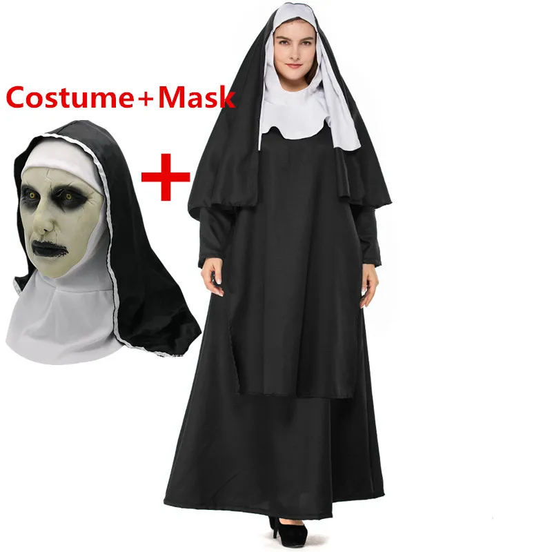 Costume and Mask Девы Марии платье одежда Nun Косплей костюмы Длинные черные страшные монашки костюм привидения форма для вечеринки Хэллоуина латекс маска реквизит - Цвет: Costume and Mask