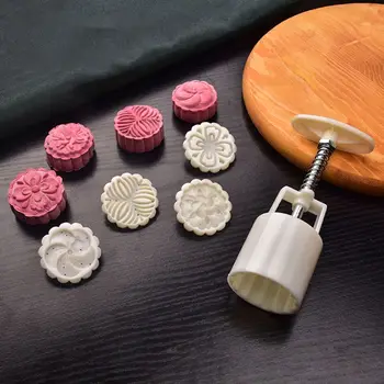 

50g Mooncake Mold with 4pcs Classic Flower Stamps Hand Press Moon Cake Pastry Mould DIY Bakeware