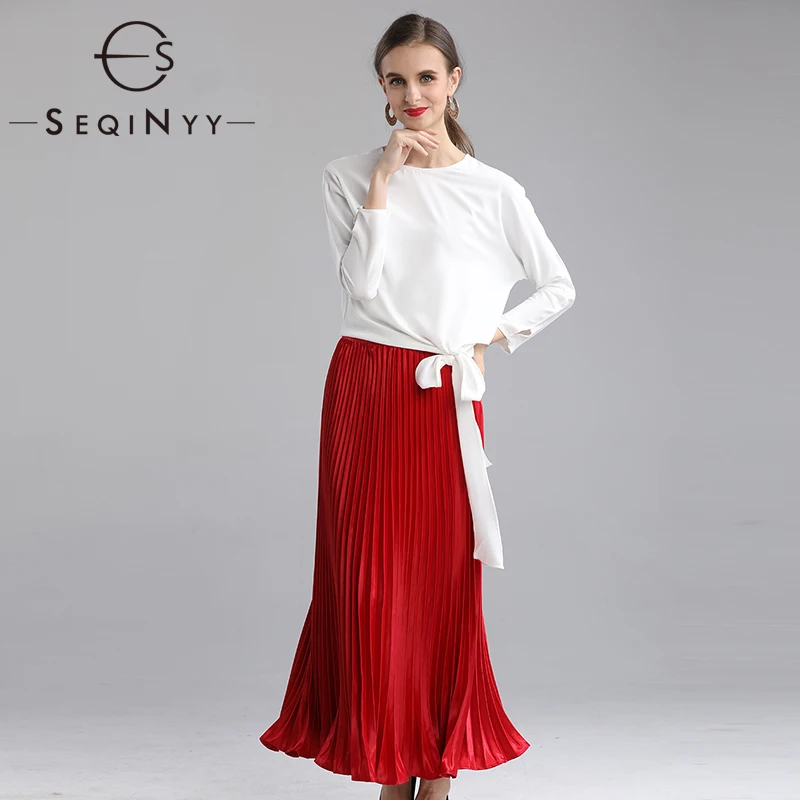 

SEQINYY Office Lady Set 2020 Summer Spring New Fashion Design Loose White Top Red Pleated Skirt Casual Suit