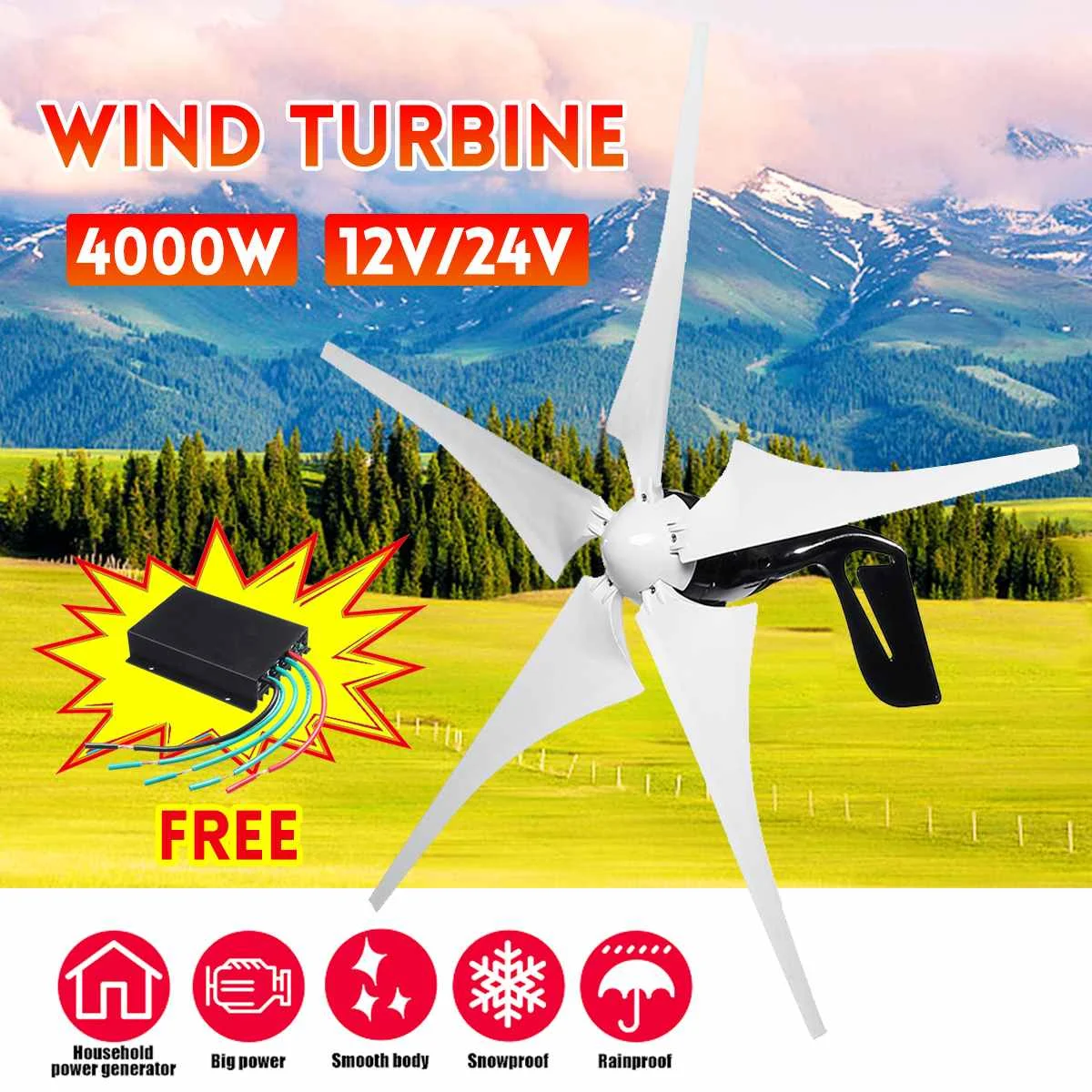 

New 4000W Wind Power Electricity Generator 12V/24V 5 Wind Blades Horizontal Wind Generator With Controller Wind turbines Blade