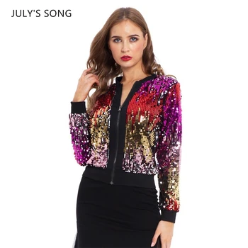 

JULY'S SONG 2020 Spring Autumn Women Jacket Fashion Colorful Sequins Gradient Color V-neck Long sleeves Sexy Zipper Female Coat
