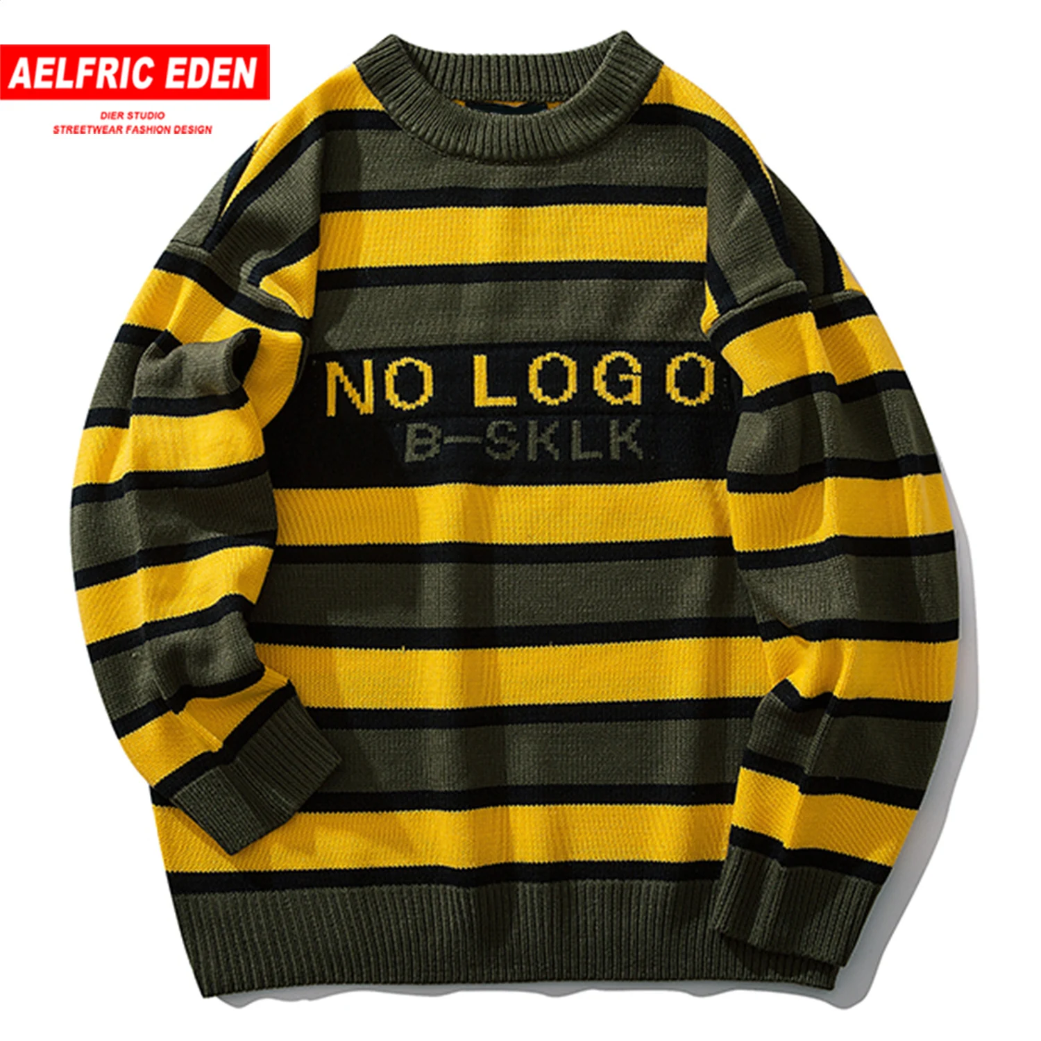 

Aelfric Eden Striped Letter Knitted Sweater Mens Fashion Hip Hop Streetwear Spliced Pullovers Harajuku Casual Male Outwear Tops