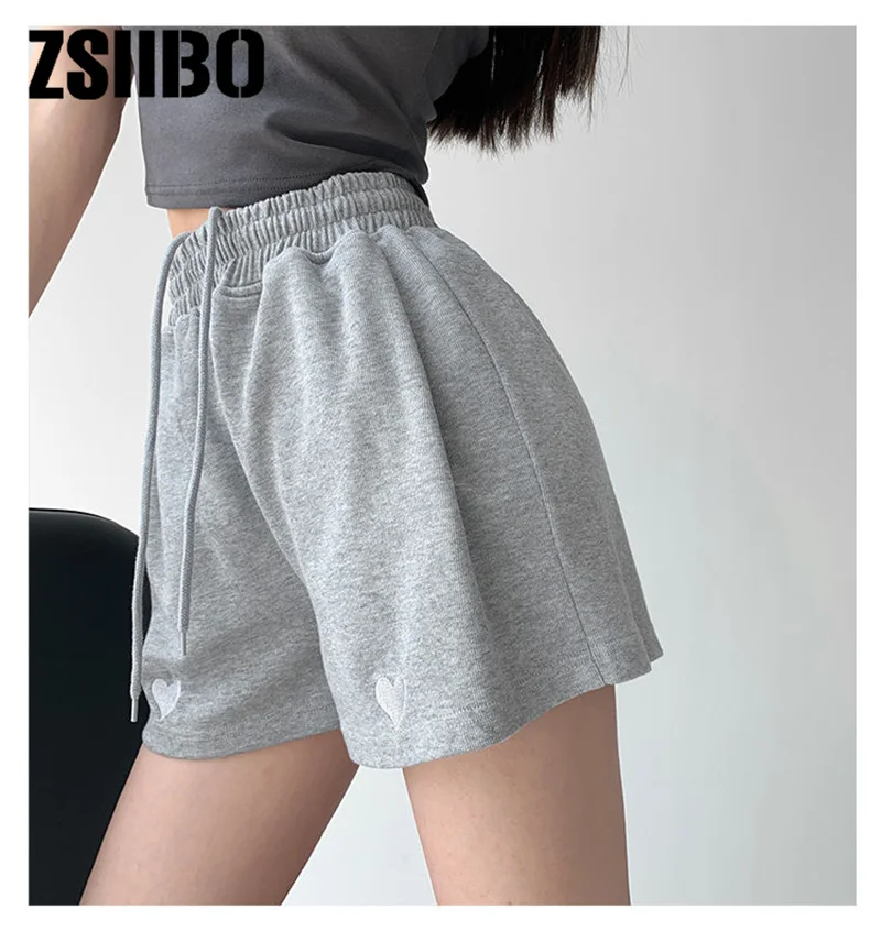 Love embroidery sports shorts women's 2021 summer new loose casual wide-legged high-waisted thin student three-quarter pants ladies clothes