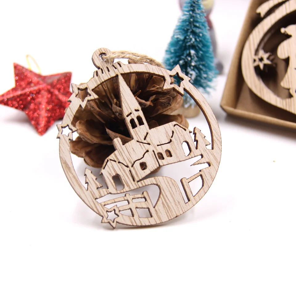 12PCS/Box Vintage Snowflake Christmas Wooden Pendants Ornaments