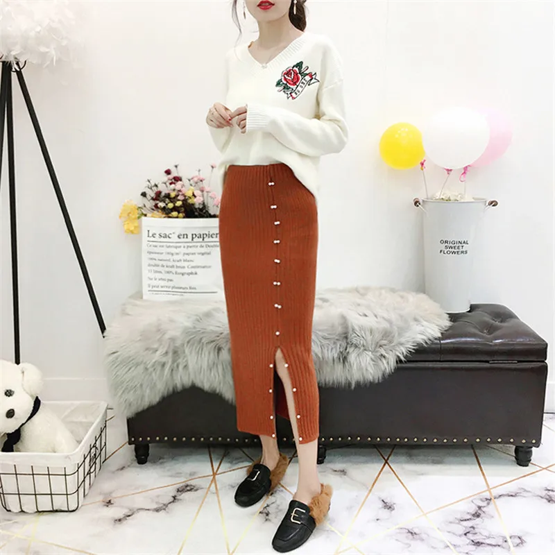Autumn Winter Front Splited Women Knitted Long Skirt Beading High Waist Knitting Pencil Skirts One Step Lady Mid-Calf Saias Gray - Color: Khaki Skirt