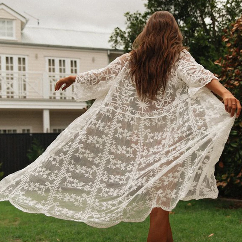 

Sexy Bikini Cover Up Embroidery Cardigan Swimsuit Swimwear Cover Up Long Blouse Lace Beach Dress Bathing Suit Cover-Up Beachwear