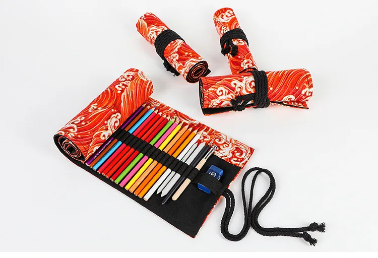 Japanese and wind-printcanvas brush 12 24 36 48 72-well large-capacity volume pen bag sketch color pencil case