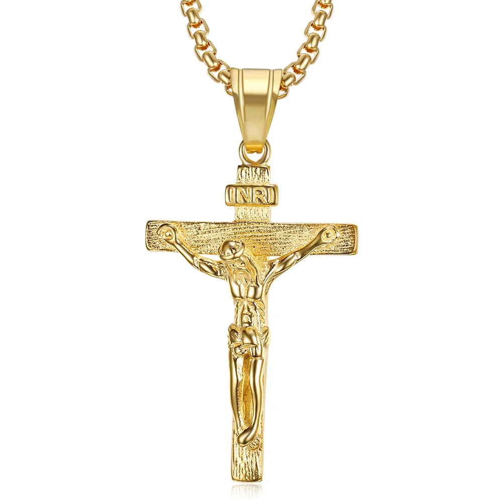 

Religious Jesus Cross Pendant Necklaces For Men Gold Color Stainless Steel Crucifix Necklace Male Christian Jewelry Dropshipping