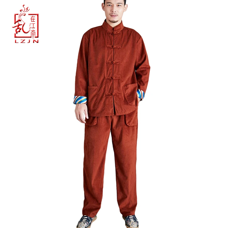 

LZJN New Men's Tang Suit Sets Kung Fu Uniforms Long Sleeve Corduroy Traditional Chinese Tunic Shirt 2 Pieces Outfit Tops