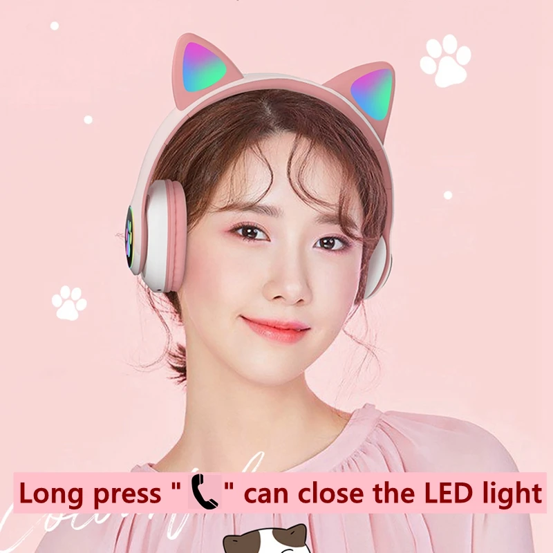 Wireless Bluetooth Headphone with Mic Head Mounted Cute Cat LED Light Earphone Stereo Bass Music Headset for Kid Girl Gift