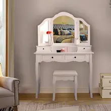 Dressing Table For Cosmetic Makeup with 3 Mirrors 4 Drawers and Stool Bedroom Makeup Set Table Bedroom Furniture Chair Dressing Table For Cosmetic Makeup with 3 Mirrors 4 Drawers and Stool Bedroom Makeup Set Table Bedroom Furniture Chair
