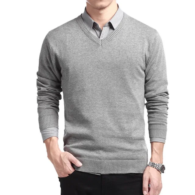 V-Neck Long Sleeve Loose Fit Solid Color Cotton Men's Pullover and Sweater