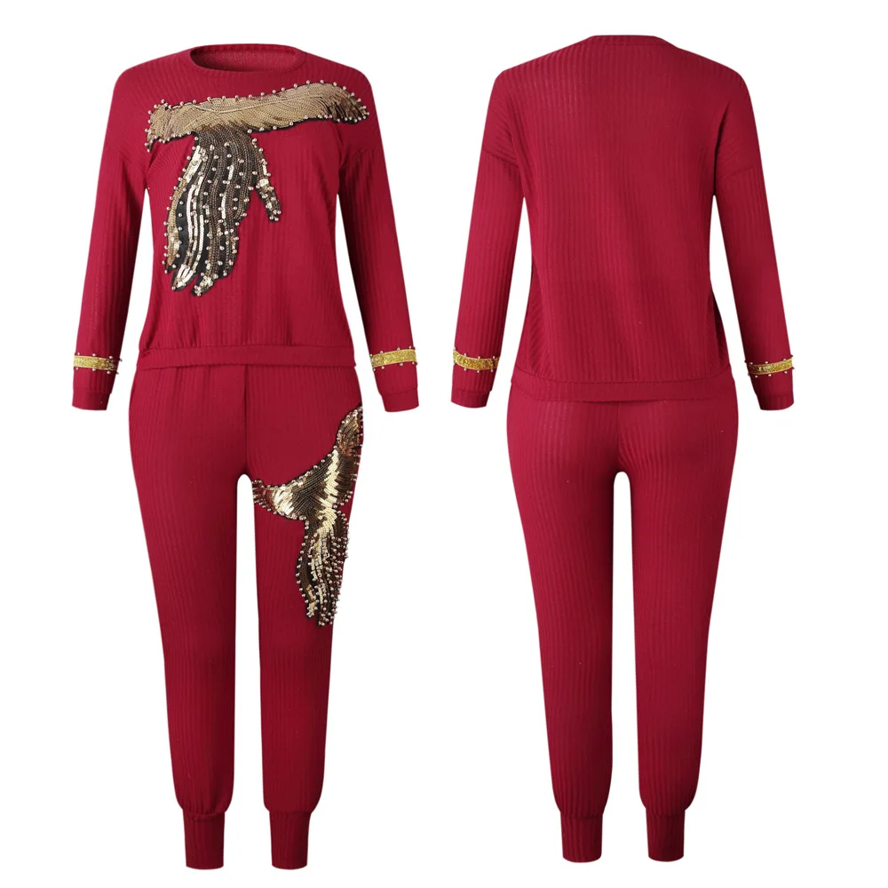 Африканские платья для женщин Африка зима Бисероплетение блестками узор с длинным рукавом вязаный пуловер Топы Брюки Одежда Комплект из 2 предметов