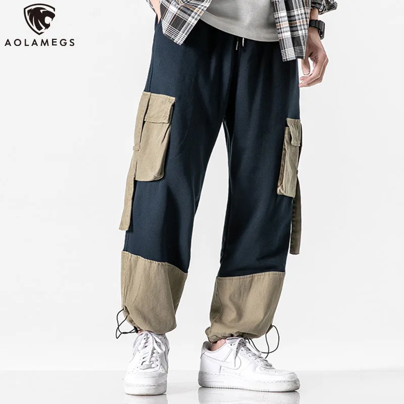 

Aolamegs Pants Men Patchwork Multi-Pockets Cargo Pant Elastic Waist Sweatpants Japanese Retro High Street Trouser Men Streetwear