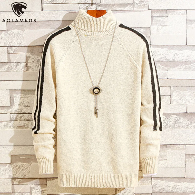 

Aolamegs Sweater Men Side Stripe Sleeve Turtleneck Solid Color Tops Casual College Style Advanced Knitted Men Bottoming Sweater