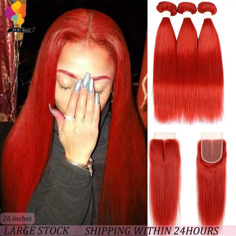 

Peruvian Red 3 Bundles With Closure Pre-Colored 99J Straight Human Hair Bundles With Closure Remy Hair Weave Bundles Remyblue