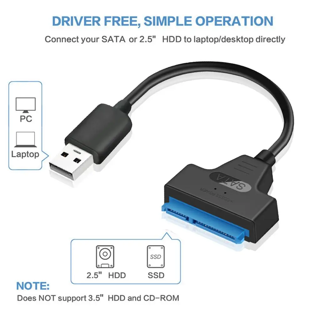 USB to SATA 22pin Cable Adapter for 2.5in HDD SSD - Converter Line for Hard Disk Drives and Solid State Drives Description Image.This Product Can Be Found With The Tag Names Computer Cables Connecting, Computer Peripherals, Cord wire, PC Hardware Cables Adapters