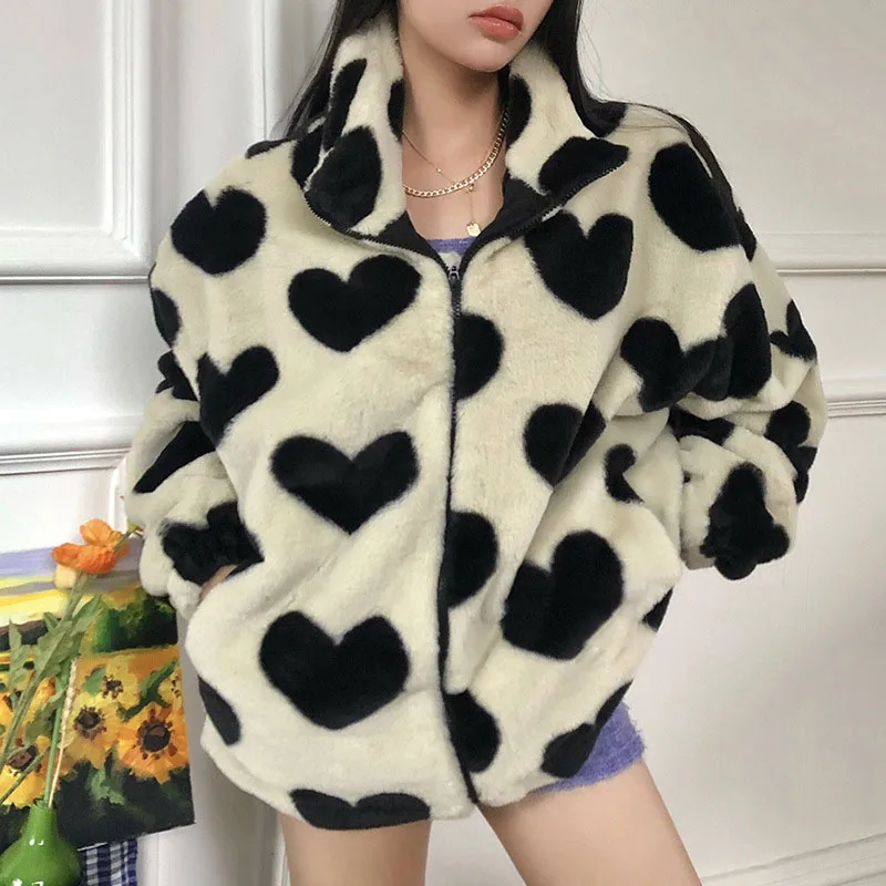 Chaqueta con patrón de corazón para mujer, abrigo de piel sintética cálido con cremallera, moda de talla grande, traje holgado de manga larga, informal, Otoño e Invierno