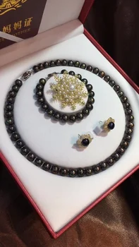 

D410 Pearl Set Fine Jewelry Natural Almost Round 8-9mm Fresh Water Black Pearls Jewelry Sets for Women