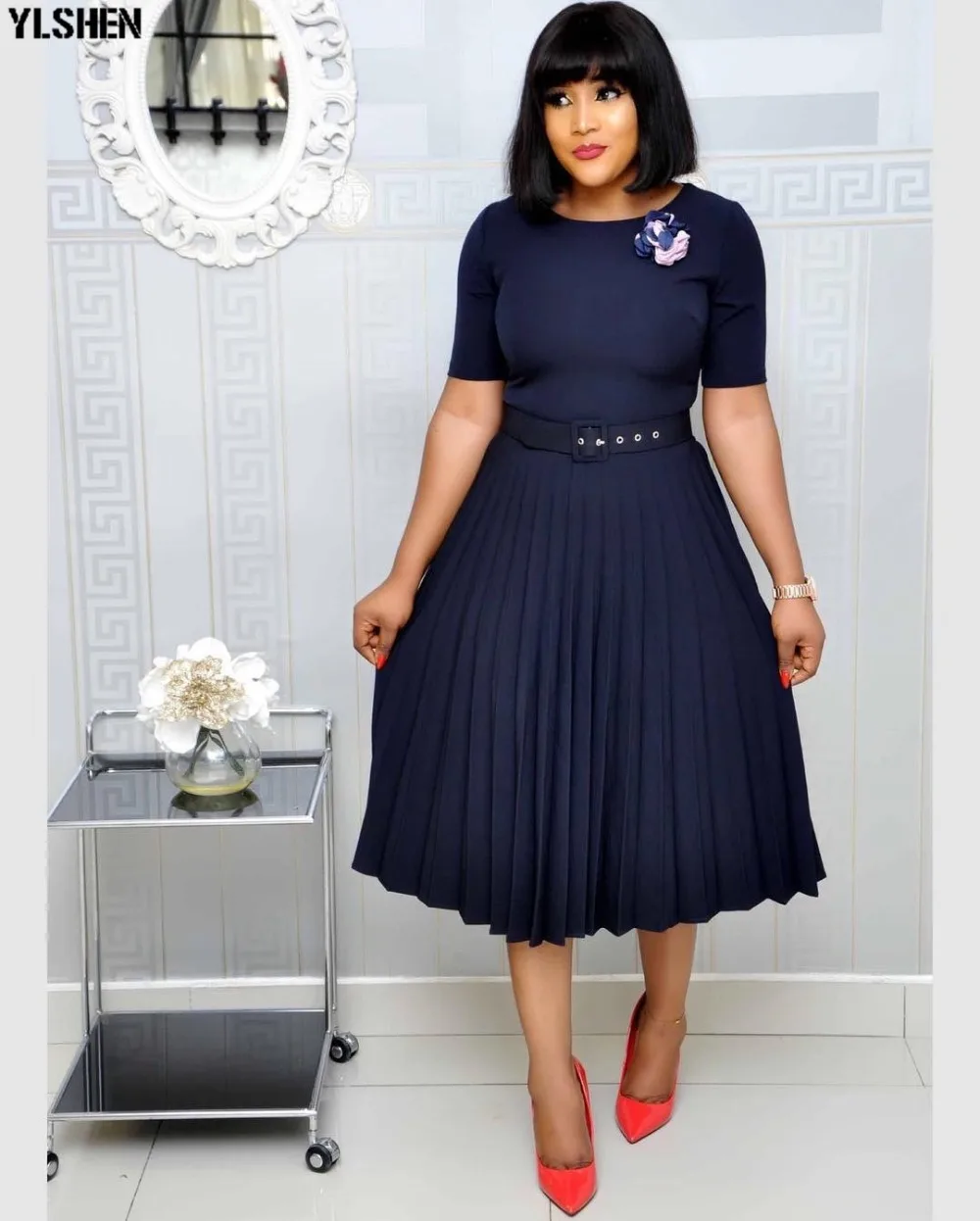 Pleated African Dresses For Women 2020 Elegent Fashion Style African Women Plus Size Polyester Knee-length Dress S-3XL 11