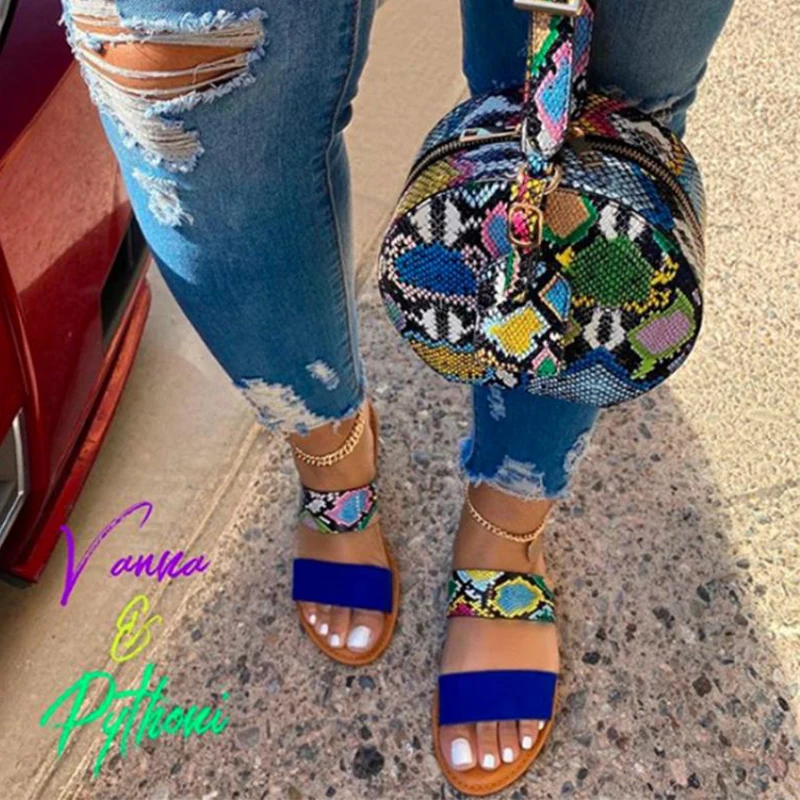 

2020 Women Sandals Snakeskin slippersLadies Summer Shoes Comfortable Toe Ankle Hollow Sandals Flat Sandals Serpentine Sandalias