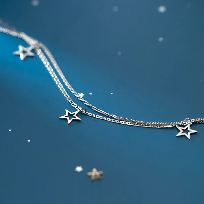 Authentic REAL. 925 Sterling Silver Fine Jewelry 2Rows layers Open Star Anklet Bracelet GTLS919