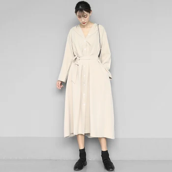 

Korea Women Button Split Joint Bandage Big Size Shirt Dress New V-eck Long Sleeve Loose Fit Fashion Spring Autumn 2020 1N577