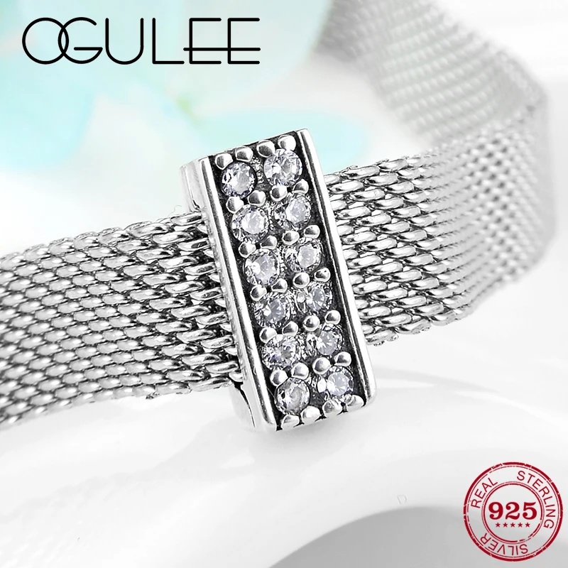 New Arrival 925 Sterling Silver rectangle Sparkling CZ Letter I Clips Beads fit reflection Charm Watch Bracelet Fine DIY jewelry | Украшения