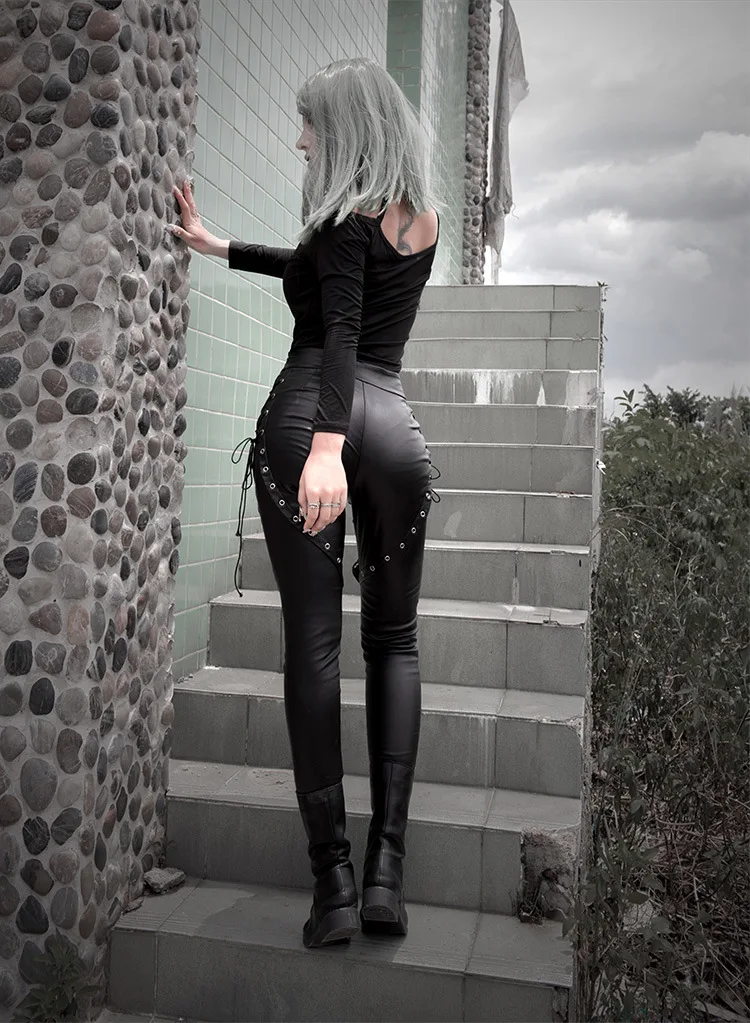 Ruibbit новые осенние зимние готические черные обтягивающие брюки со шнуровкой женские узкие сексуальные леггинсы в стиле панк Рок кожаные брюки женские