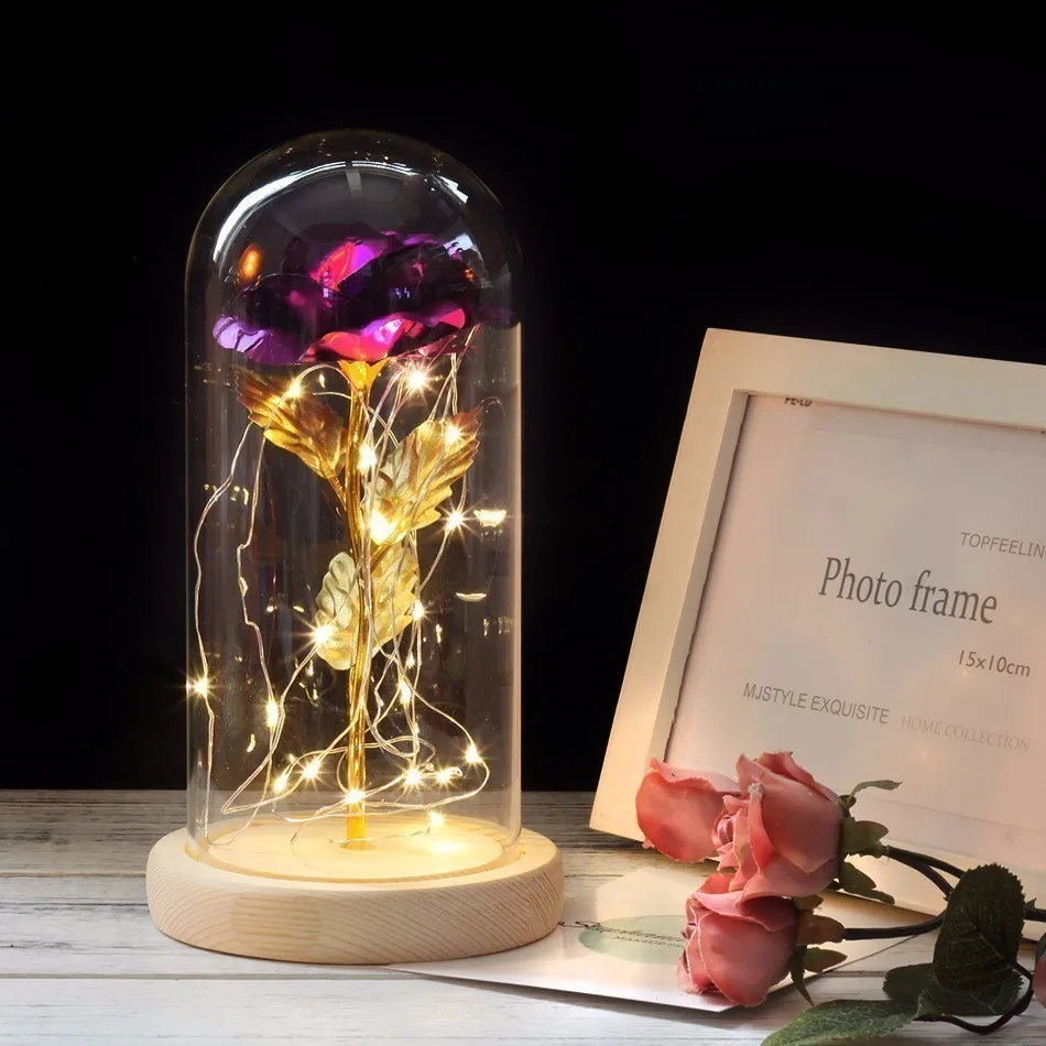 Горячая Красота и чудовище позолоченный красная роза светодиодный светильник в стеклянном куполе для свадебной вечеринки день Святого Валентина рождественский подарок - Цвет: Purple