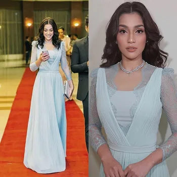 

Aso Ebi Arabic Lace Evening Formal Dresses 2020 Sky Blue Long Sleeve Chiffon Elegant Prom Guest Party Gown vestido de novia