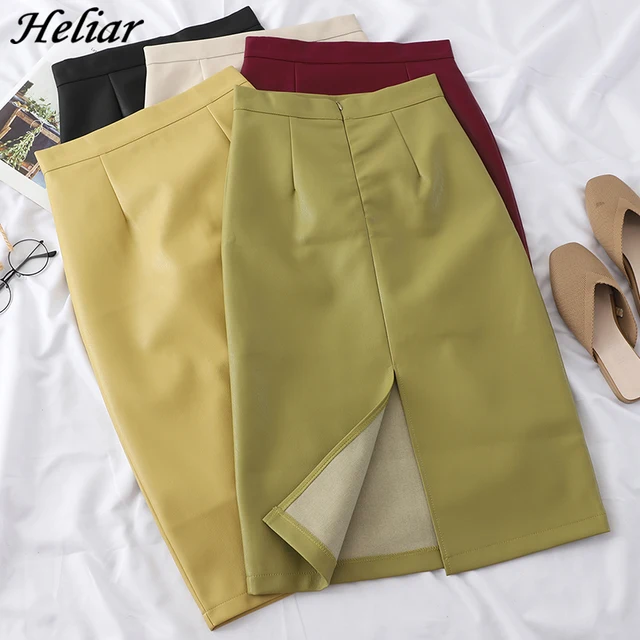 US $14.38 HELIAR PU Leather Solid Split Skirts Women High Waist Straight Midi Skirts Highstreet Skirts 2020 S