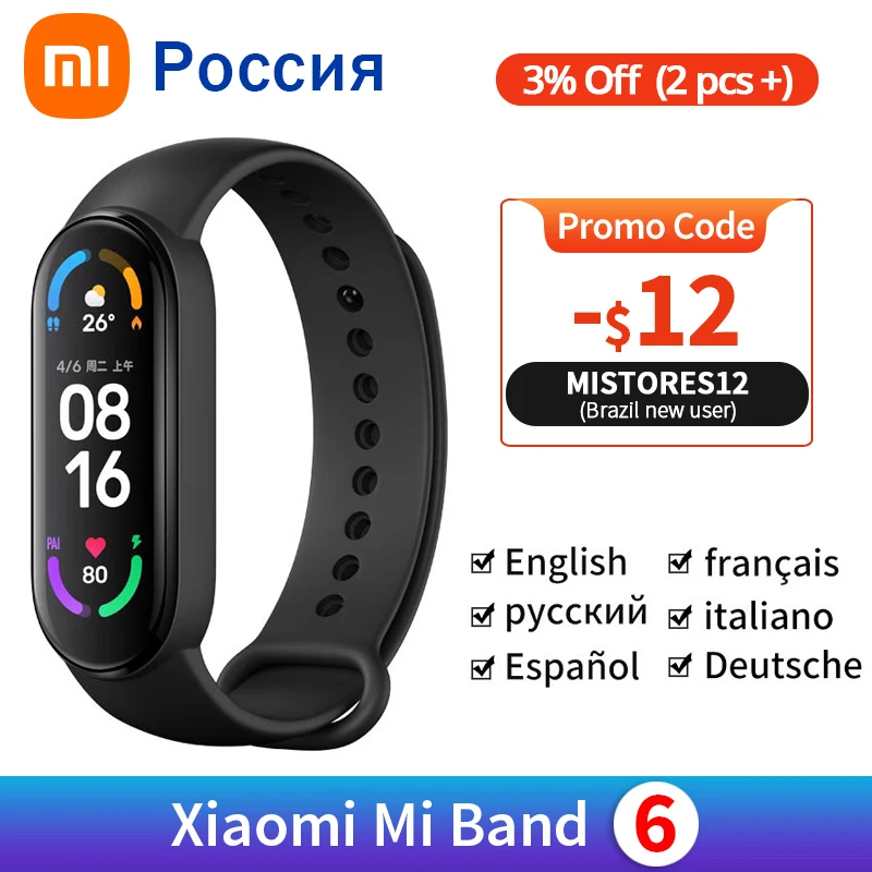 Xiaomi-pulsera inteligente Mi Band 6, resistente al agua con reloj deportivo de 5 colores Pantalla AMOLED, control de oxígeno en sangre y Bluetooth