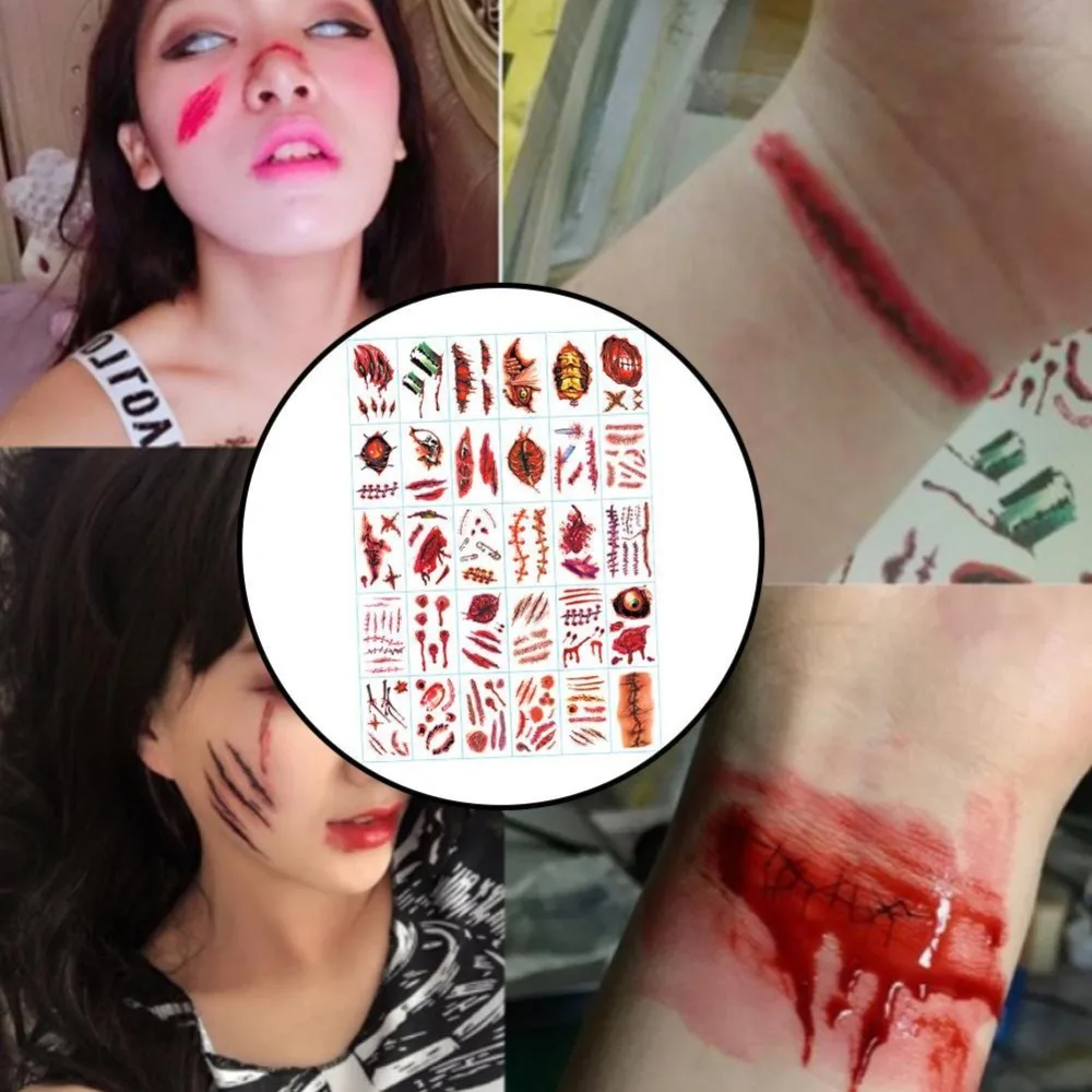 Хэллоуин Зомби татуировки шрамов фальшивые шрамы вырезанные горло кровавый Макияж украшения-ужастики для хеллоуина ранение страшная кровь травма стикер