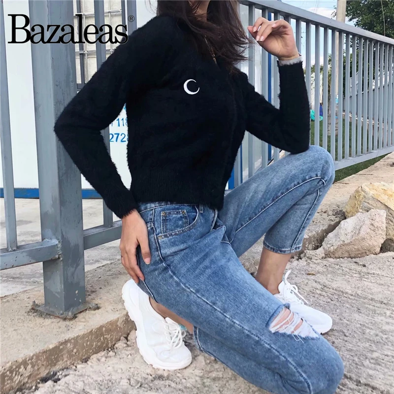 Bazaleas, уличная одежда, вышивка, Луна, кардиган, Ретро стиль, v-образный вырез, для женщин, pull femme, harajuku, черный, вязаный свитер для женщин