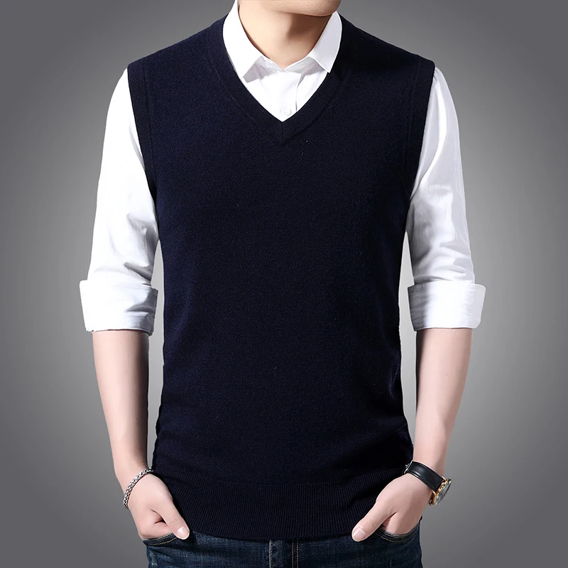 New Fashion Brand Sweater For Mens Pullovers Jumpers Knit Solid Color V Neck Slim Fit Autumn Vest Sleeveless Casual Clothing Men