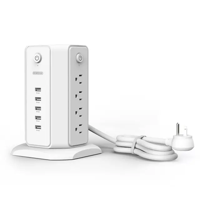 NTONPOWER US Power Strip Tower with 3M Extension Cord Surge Protector with Flat Plug 13A Circuit Breaker for Home and Office white