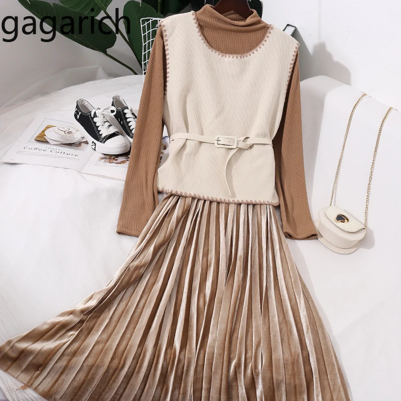 Gagarich Women Dress Two Piece Set Fashion 2019 Autumn Winter Gold Velvet Pleated Waist Belt High Collar Pullovers Female Suit | Женская