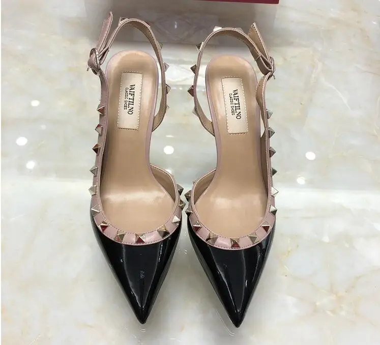 Женские брендовые сандалии Классические свадебные туфли на тонком каблуке 6 см черные блестящие туфли с заклепками вечерние туфли на высоком каблуке цвет золотой, серебряный, размеры 34-43, красная коробка