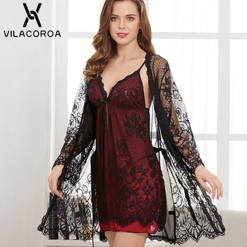 

Lace V Neck 3 Piece Sling Backless Women's Bathrobe See Through Lace Mini Sleepwear Sexy Comfortable Dressing Gowns For Women