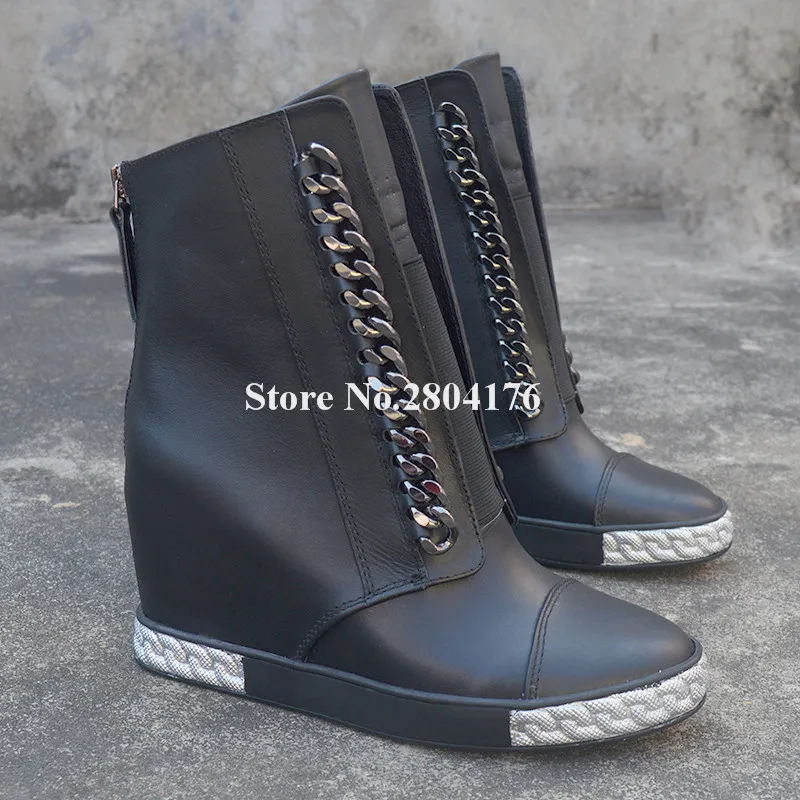 

Brand Design Women Round Toe Metal Chains Decorated Wedge Short Boots Black Leather Inside Heels Wedges Height Increased Boots