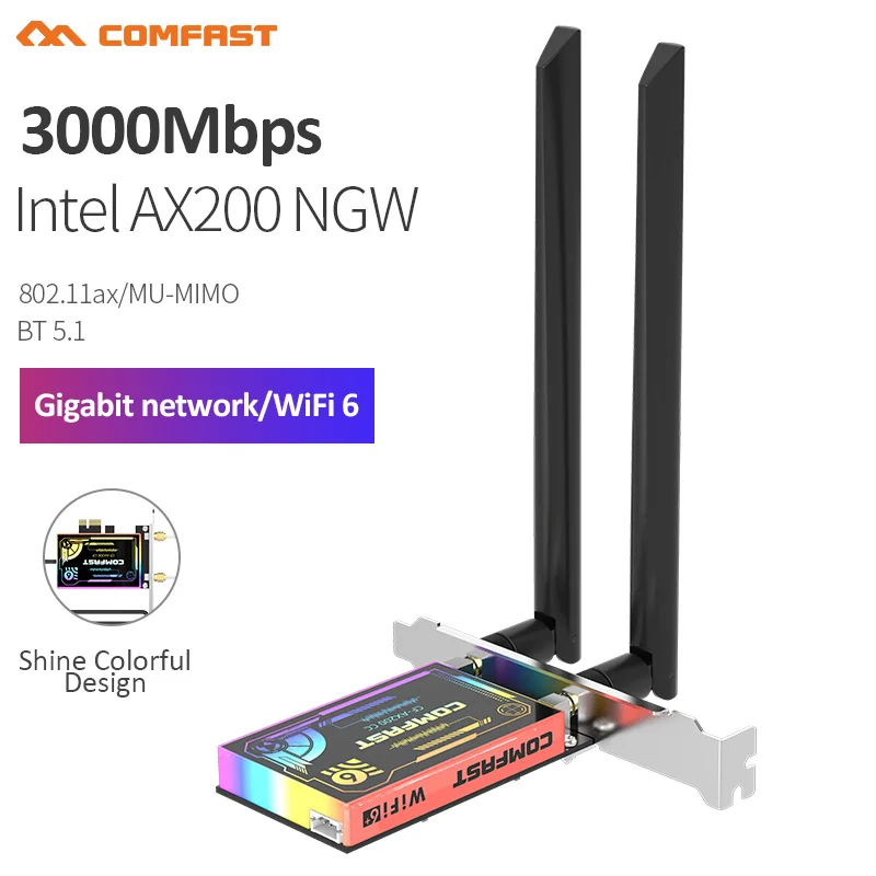 2974Mbps WiFi 6 Intel AX200 2.4G&amp5.8GHz Dual Band 802.11ax/ac PCI-E Network Card Gigabit Adapter BT5.1 Support MU-MIMO | Компьютеры и