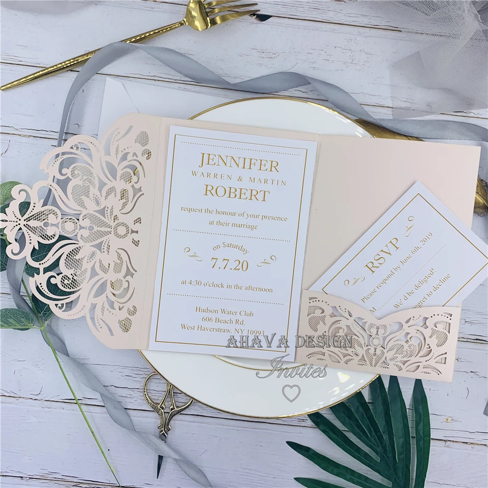 

Gorgeous Blush Tri-fold Laser Cut Wedding Invite With Respond Card&Envelope