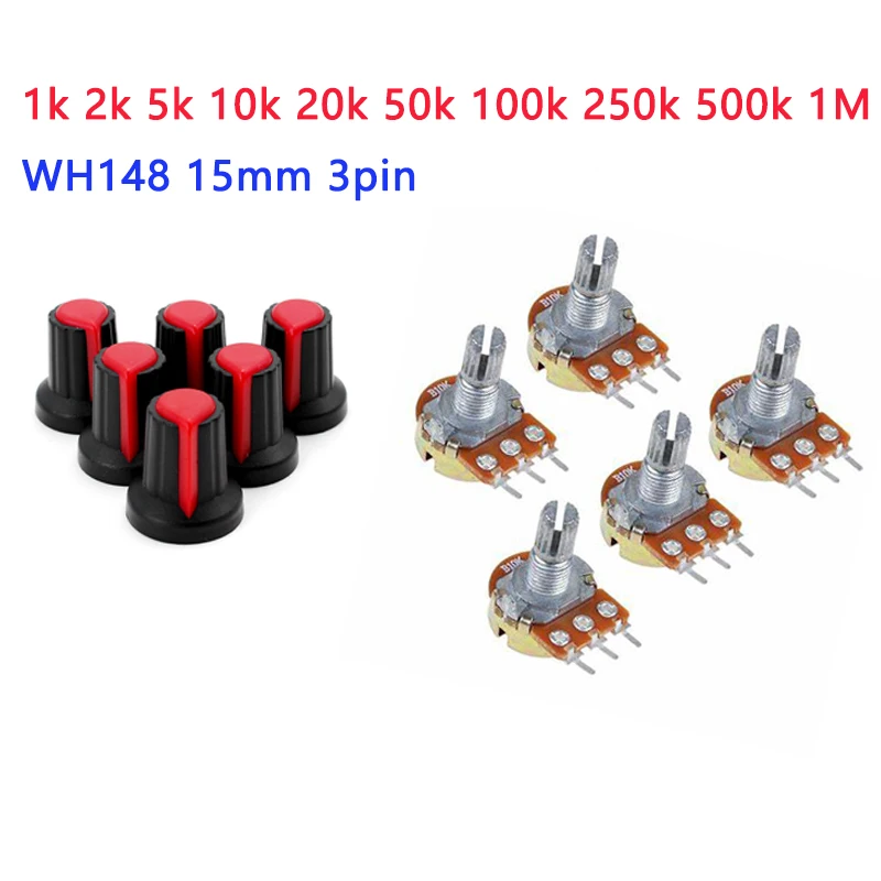 5pcs/lot Carbon Film Potentiometer WH148 15mm 3pin + Red Rotary Switch Knobs Cap Kit B1K 2K 5K