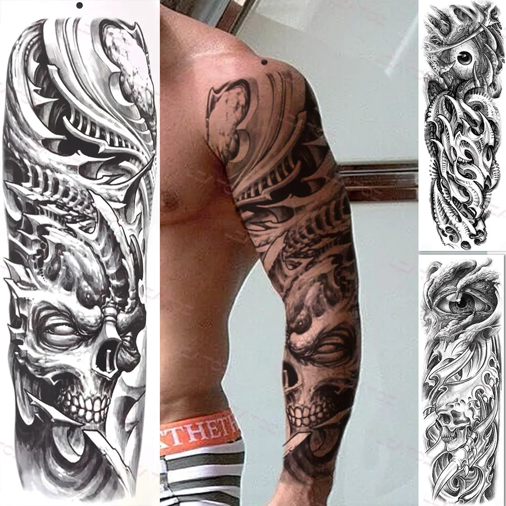 

Death Skull Full Sleeve Temporary Tattoo For Men Women Adult Black Evil Eye Tattoo Sleeve Fake Skeleton King Large Tatoo Sticker