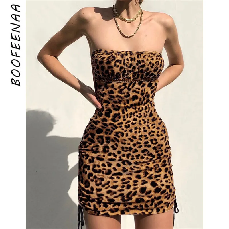 Boofeenaa Cheetah Print Sexy Dress Open Back Strapless Drawstring