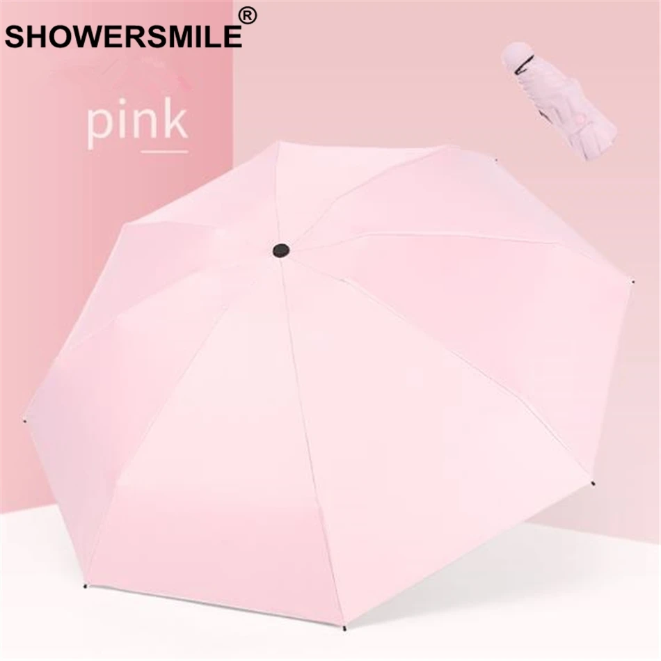 SHOWERSMILE мини складной зонтик 5 раз защита от солнца и дождя дорожный зонтик черное покрытие белый розовый желтый синий УФ Женский мини-зонт