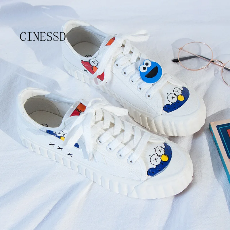 

2019 summer vulcanized shoes womenall-purpose student casual low top graffiti sesame street canvas shoes sneakers off white shoe
