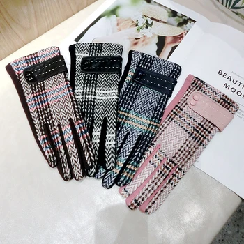 

PU leather striped wool button gloves girl finger gloves thick five-finger gloves autumn and winter new woolen white gloves