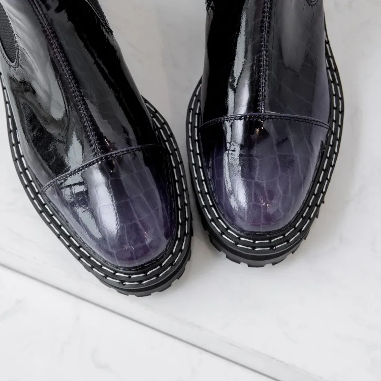 MLJUESE; коллекция года; женские ботильоны из лакированной кожи; зимние короткие плюшевые фиолетовые ботинки «Челси» с круглым носком на высоком каблуке; размеры 34-42
